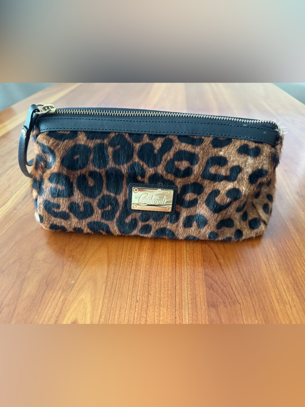 Italian Leather and Leopard Print Zip Wristlet Clutch - Brown & Black